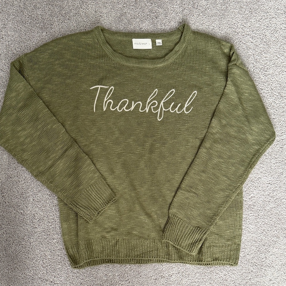 Olive Green Sweater with 'Thankful' Embroidery